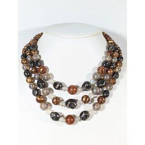 Vintage Iridescent Brown Lucited Bead Triple Strand Necklace 17" Choker